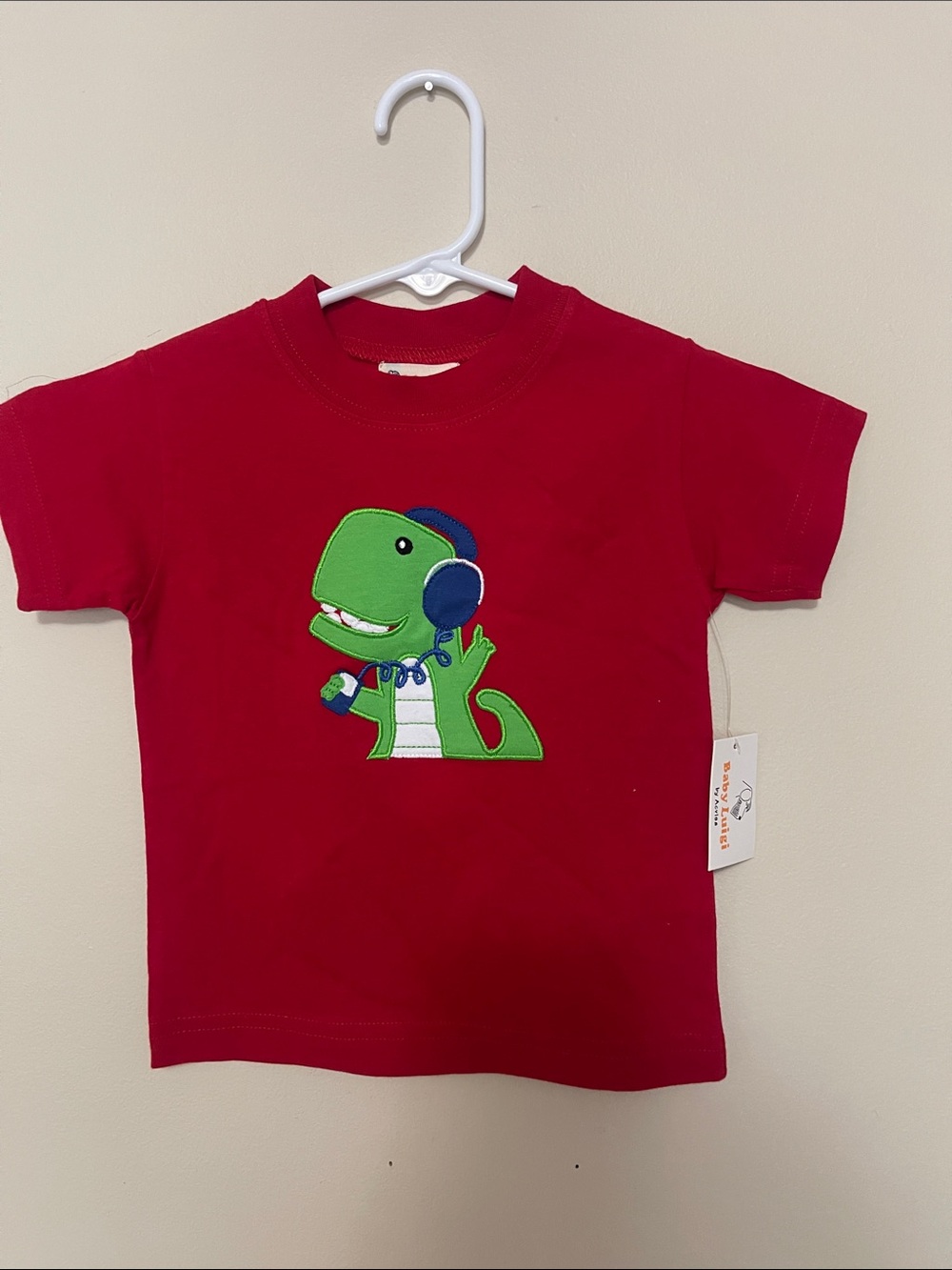 Boutique Red Toddler Tee with Green Dinosaur Applique